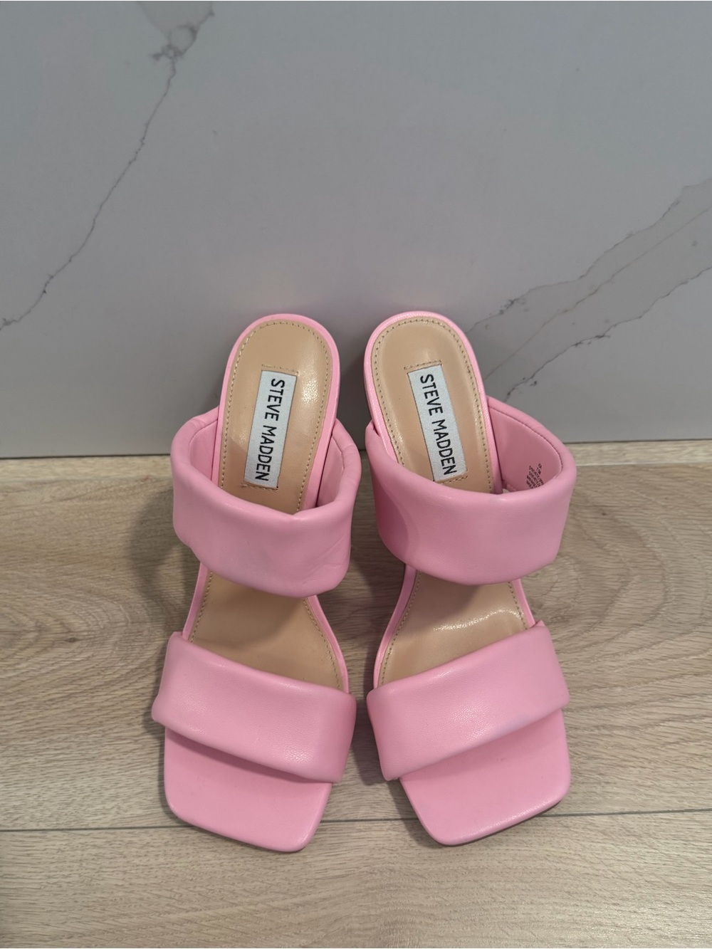 Steve Madden Women's Pink Padded Strap Sandals with Clear Lucite Wedge Heel